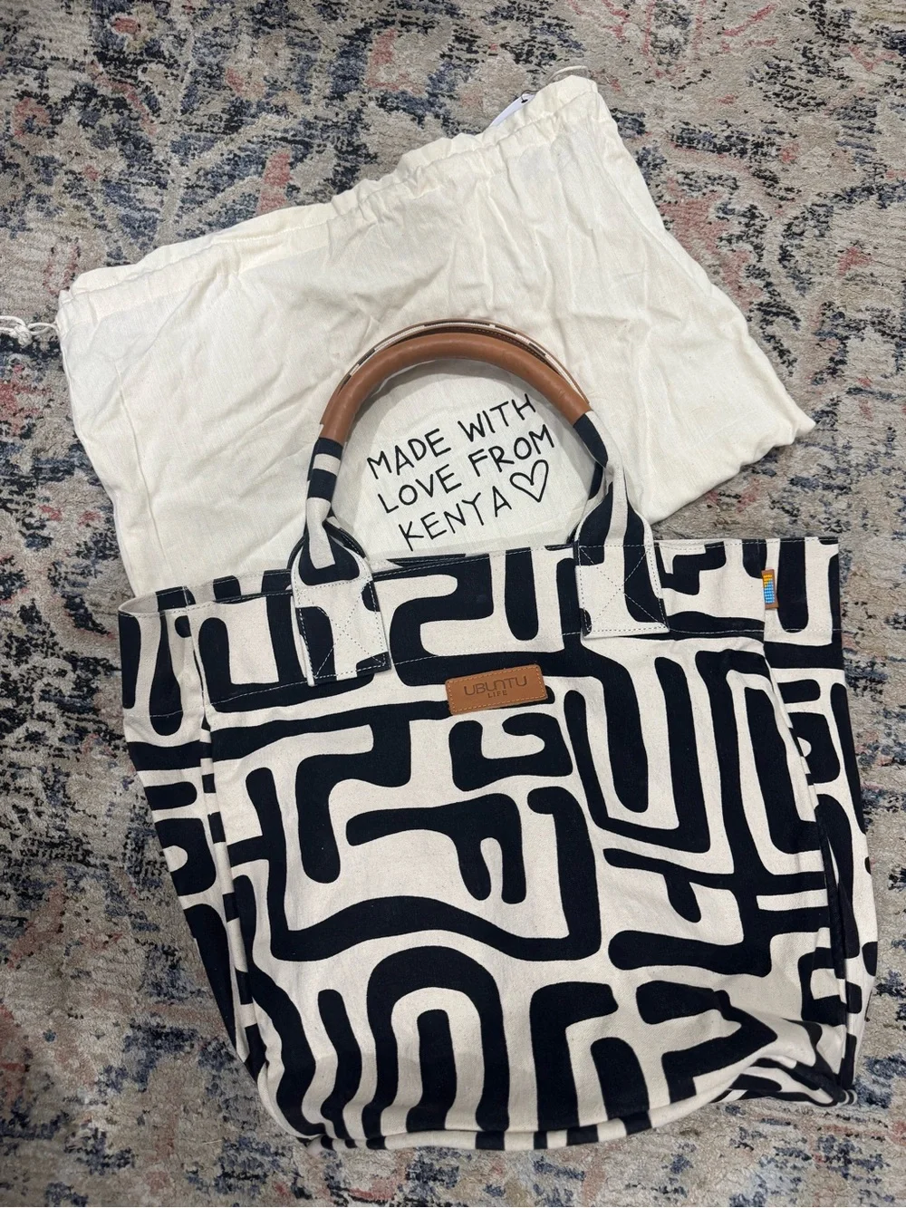 Ubuntu Life Black & Cream Canvas Tote and Dust Bag